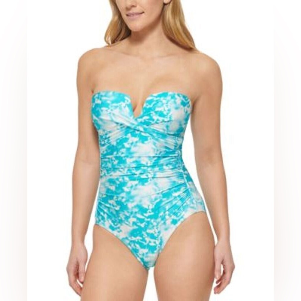 Calvin Klein TROPICAL Waters MULTI V-Notch Bandeau One-Piece Swimsuit NWT sz 16
